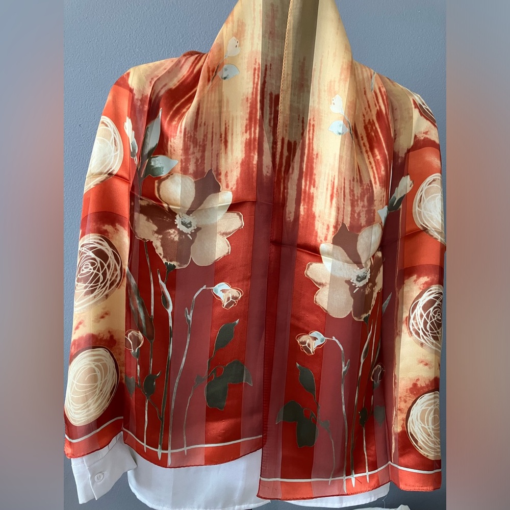 100% silk Scarf Orange Gold floral print